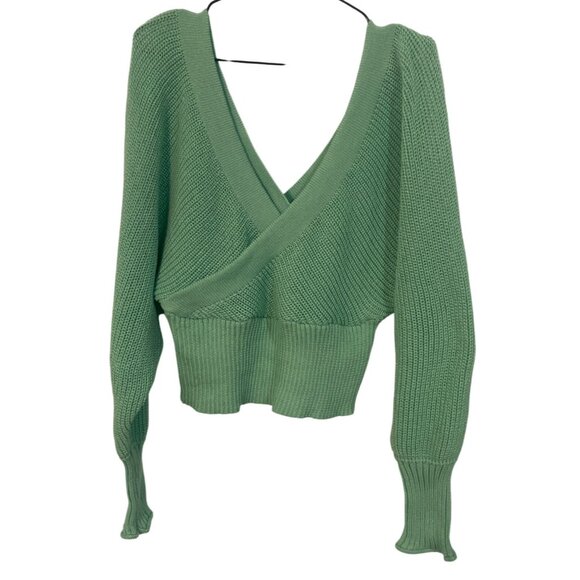 Shein Womens Sage Green Knit V-Neck Wrap Sweater Long Sleeves Size L Comfort Str - Picture 1 of 4